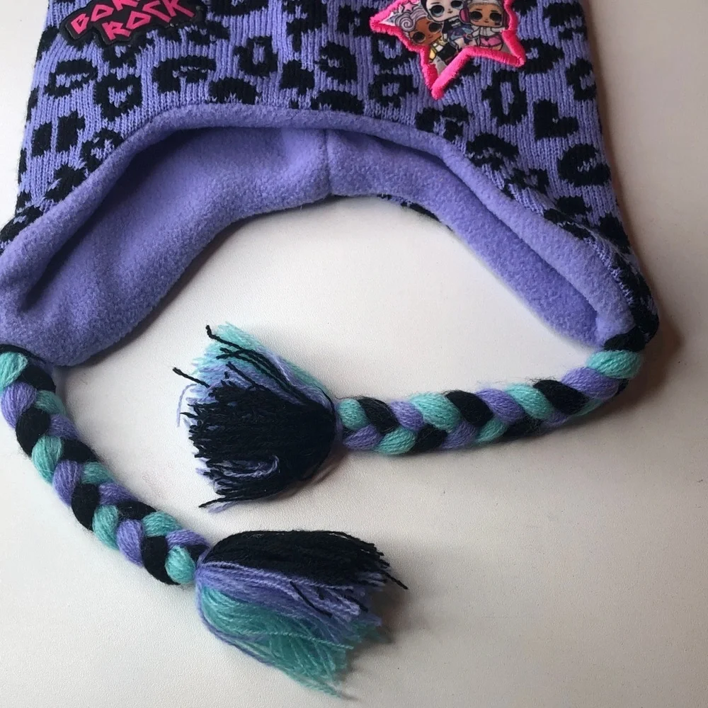 Lol Surprise! Born To Rock Hat Kids Purple Cheetah Winter Hat with Pom Pom NWT